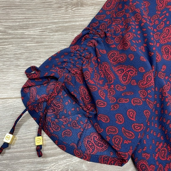 NWOT MICHAEL Michael Kors Short Sleeve Blouse Smocked Hem Navy Paisley Print M - Picture 14 of 16